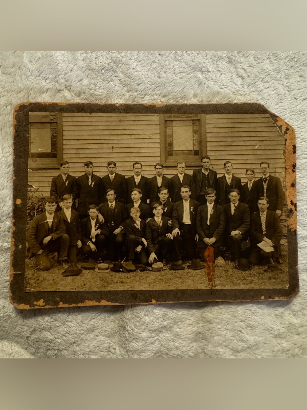 Antique Sepia Group Photo Young Men Outside School Cabinet Card c1910s Rustic